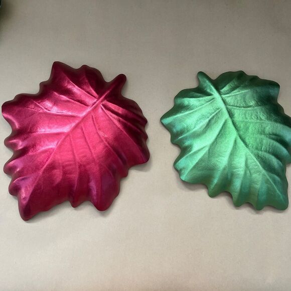 5 pc Glass Ceramic Maple‎ Leaf Handcrafted Tray Candy Dish Green/Red/Gray - Picture 6 of 16